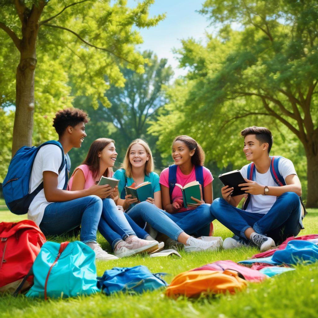 A diverse group of happy teens sitting together in a park, sharing stories and laughing, symbolizing friendship and support. Include elements like colorful backpacks, books, and mobile phones, indicating connection and community. The background features trees and a bright blue sky, creating a warm, inviting atmosphere. super-realistic. vibrant colors. sunny day.