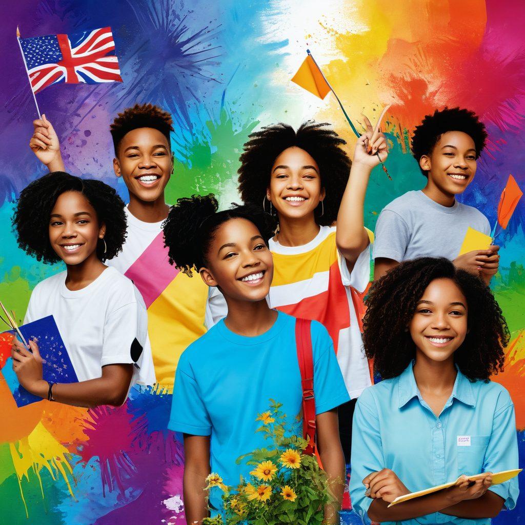 A vibrant collage of a diverse group of teenagers engaging in various self-discovery activities like painting, writing, and nature exploration, showcasing their individuality through unique styles and expressions. Include elements like colorful backgrounds, empowering quotes, and symbols of identity such as flags and art. The scene should radiate positivity and hope, highlighting the journey of finding oneself. super-realistic. vibrant colors. inclusive and dynamic.