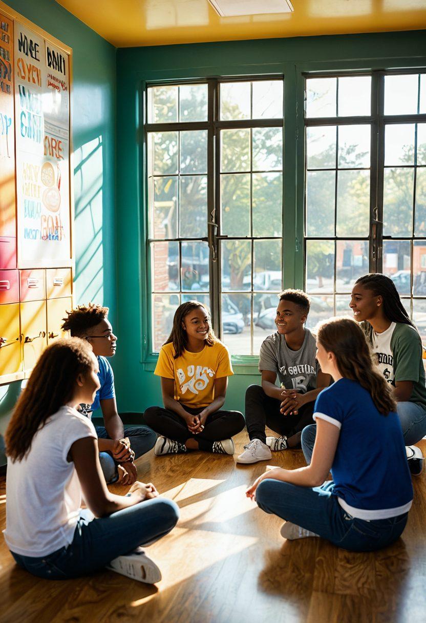A vibrant, engaging scene depicting a diverse group of teenagers in a supportive discussion circle, sharing ideas and tips. The background shows a modern school setting with colorful lockers and motivational posters on the walls. Each teenager has a unique, expressive style, showcasing individuality and empowerment. Light beams through large windows, creating a warm and inviting atmosphere. super-realistic. vibrant colors. school setting.